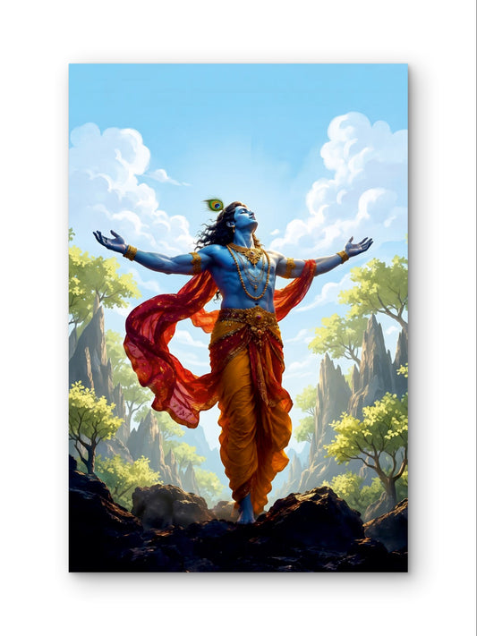 Lord Krishna spiritual wall art with serene blue sky artwork